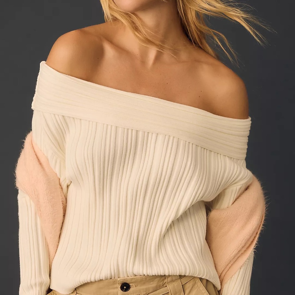 By Anthropologie Off-The-Shoulder Ribbed Sweater Navy Blue Size Large